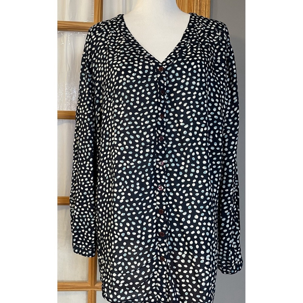 Sheego Tunic Rayon Blouse Woman's 18 Black Roll Tab Sleeve Button Up Boho City